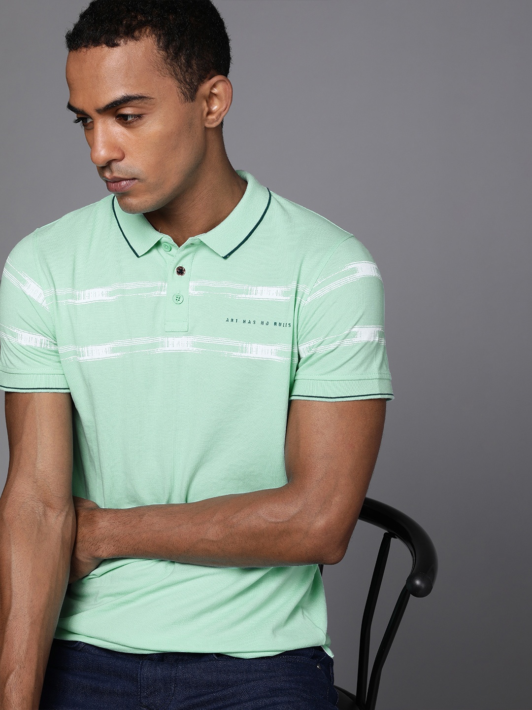 

WROGN Men Sea Green & White Printed Polo Collar Slim Fit T-shirt
