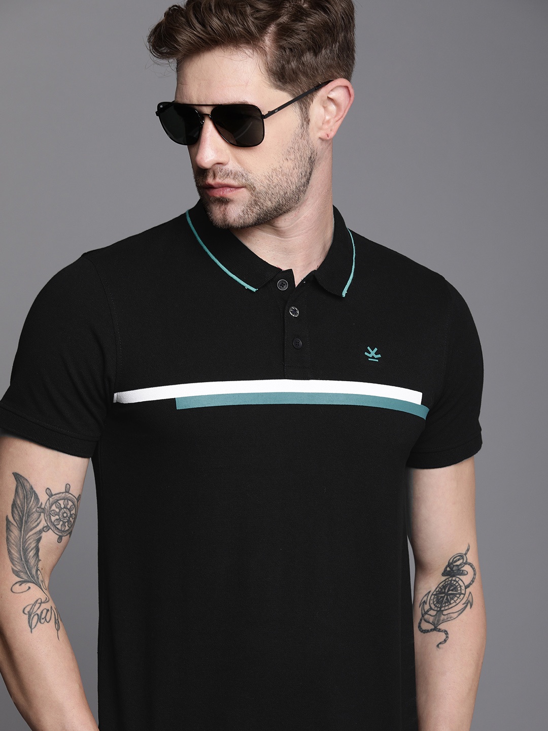 

WROGN Men Black Stripe Printed Polo Collar Slim Fit T-shirt