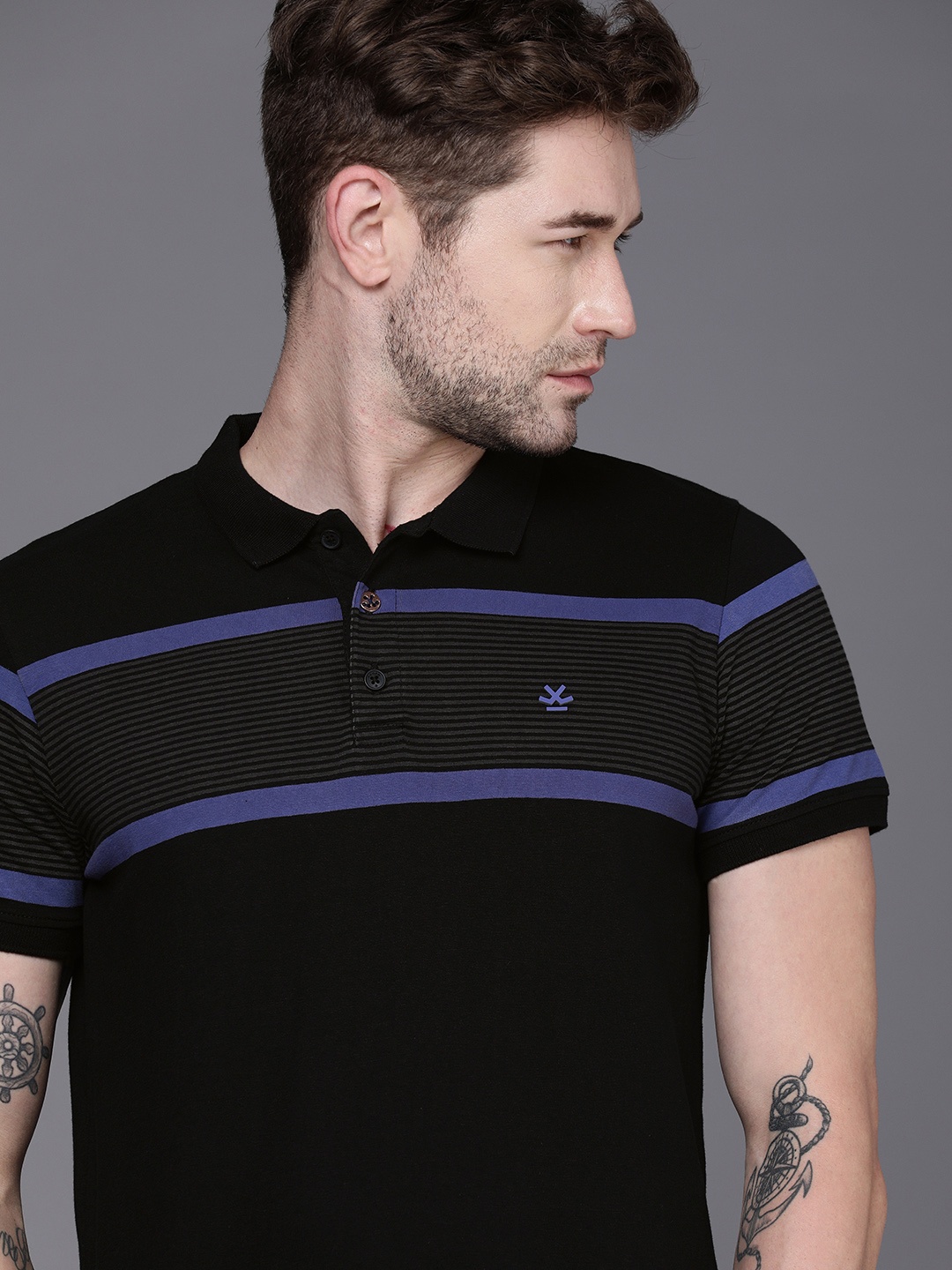 

WROGN Men Black Striped Polo Collar Slim Fit Pure Cotton T-shirt