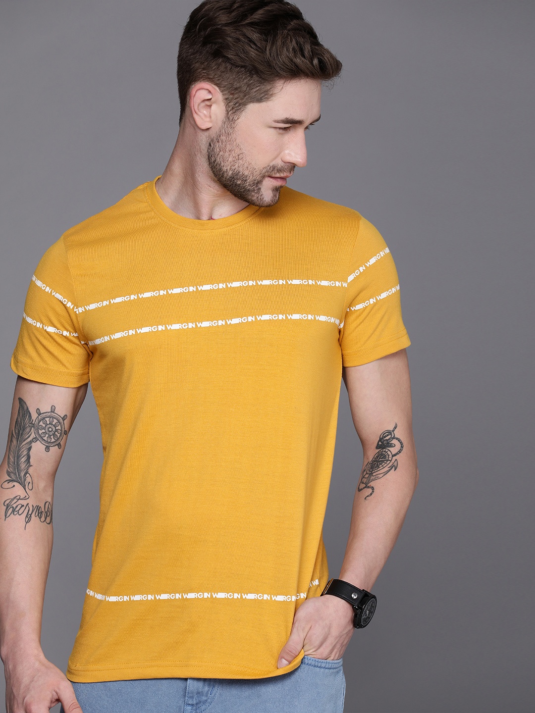 

WROGN Men Mustard Yellow Typography Printed Polo Collar T-shirt