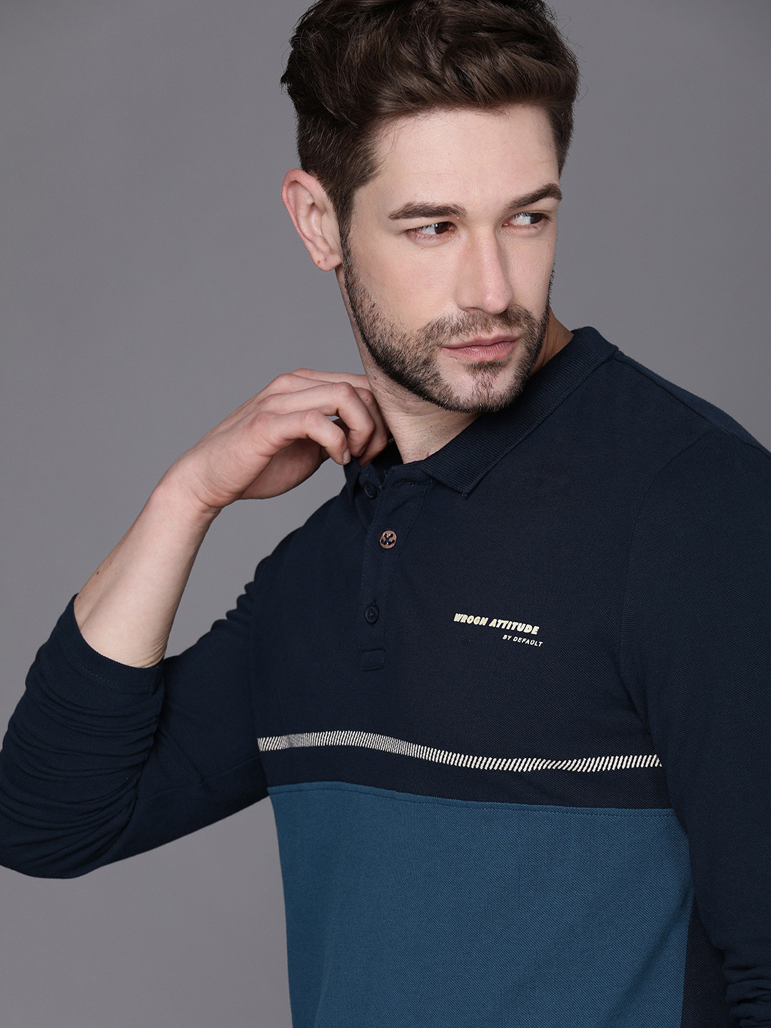

WROGN Men Navy Blue Teal Striped Polo Collar Pure Cotton T-shirt