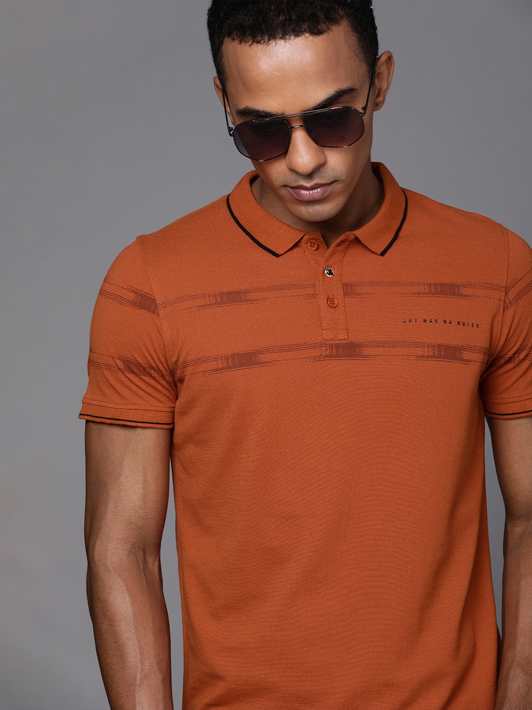 

WROGN Men Rust Orange Printed Polo Collar Slim Fit T-shirt