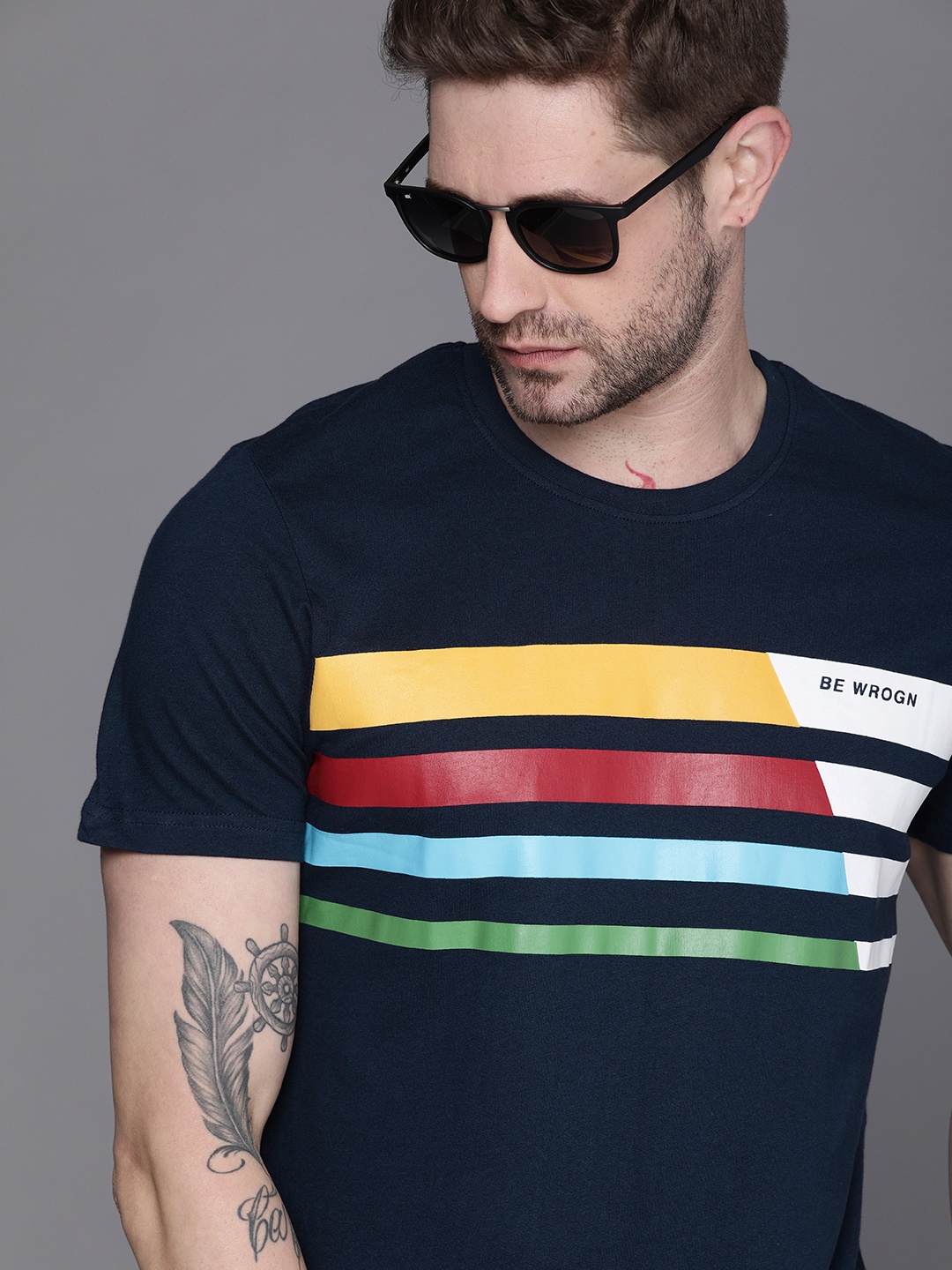 

WROGN Men Navy Blue Yellow Striped Slim Fit Pure Cotton T-shirt