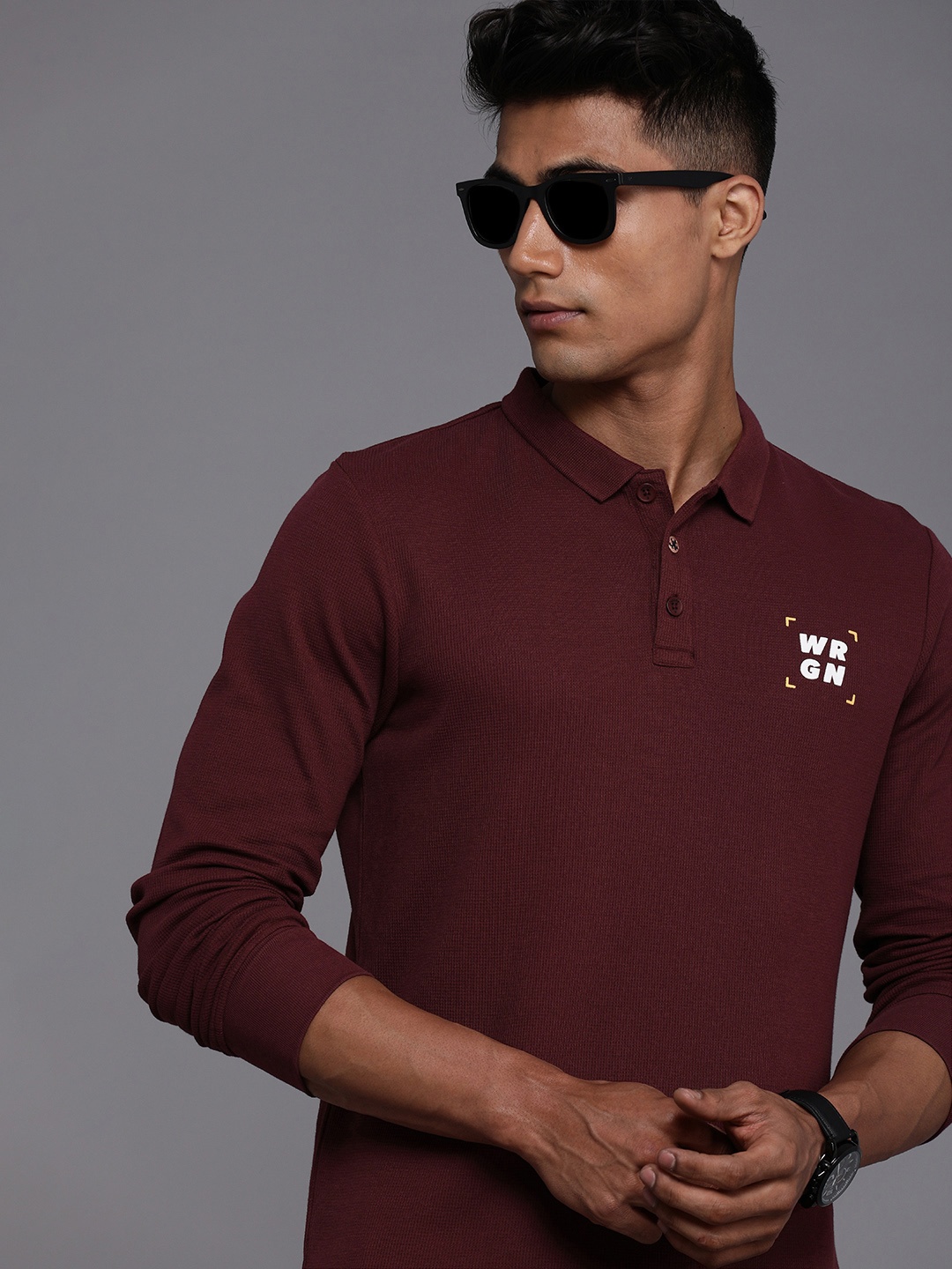 

WROGN Men Maroon Typography Printed Polo Collar Pure Cotton Slim fit T-shirt