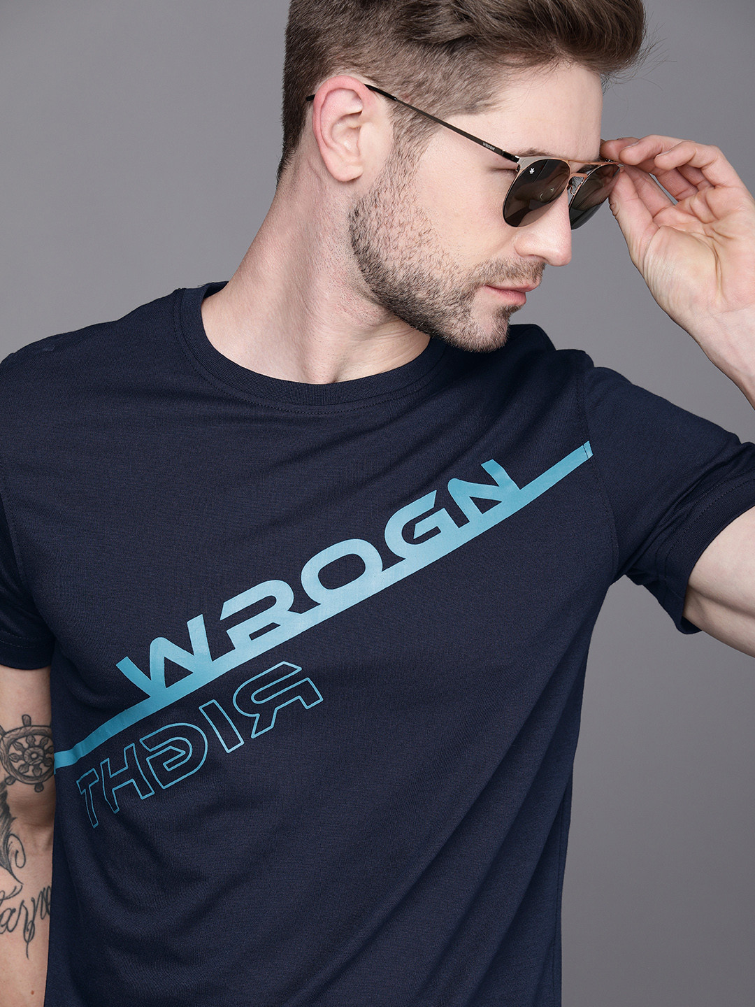 

WROGN Men Navy Blue Slim Fit Brand Logo Printed T-shirt