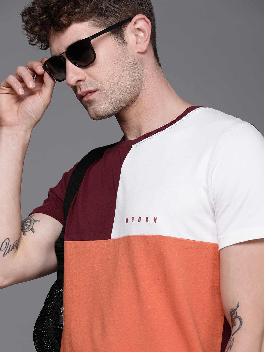 

WROGN Men Orange White Colourblocked Slim Fit Pure Cotton T-shirt