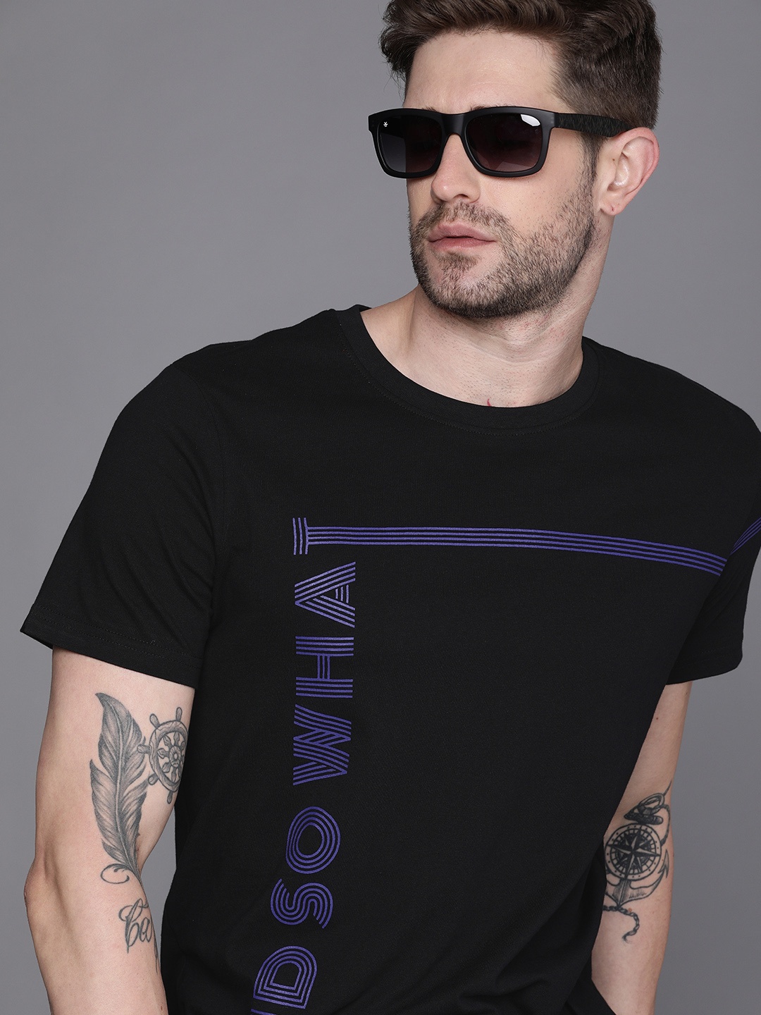 

WROGN Men Black Typography Printed Slim Fit Pure Cotton T-shirt