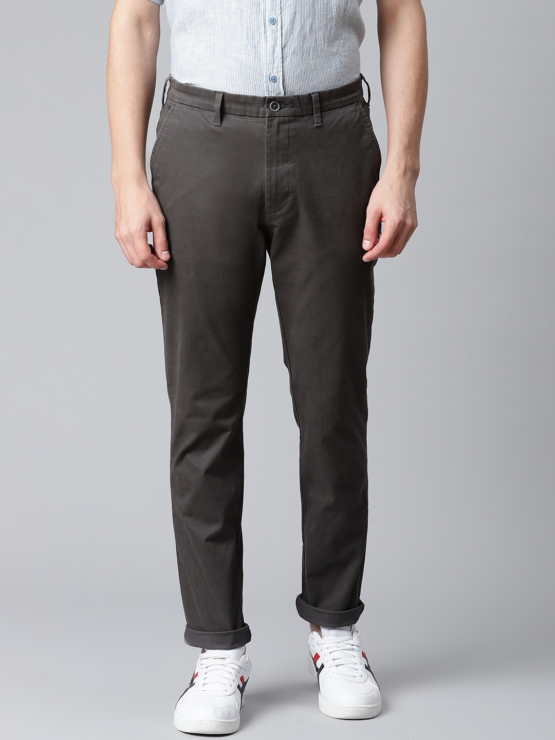 

Marks & Spencer Men Charcoal Grey Pure Cotton Solid Slim Fit Trousers