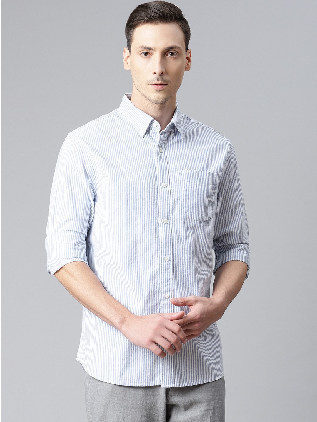 

Marks & Spencer Men Blue & White Pure Cotton Striped Casual Shirt