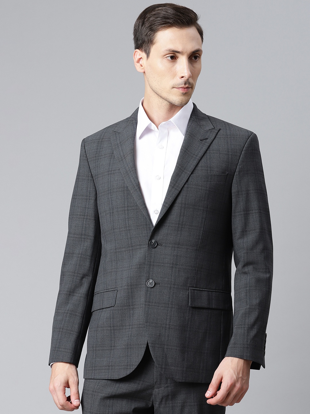 

Marks & Spencer Men Charcoal Grey & Black Tailored Fit Checked Formal Blazer