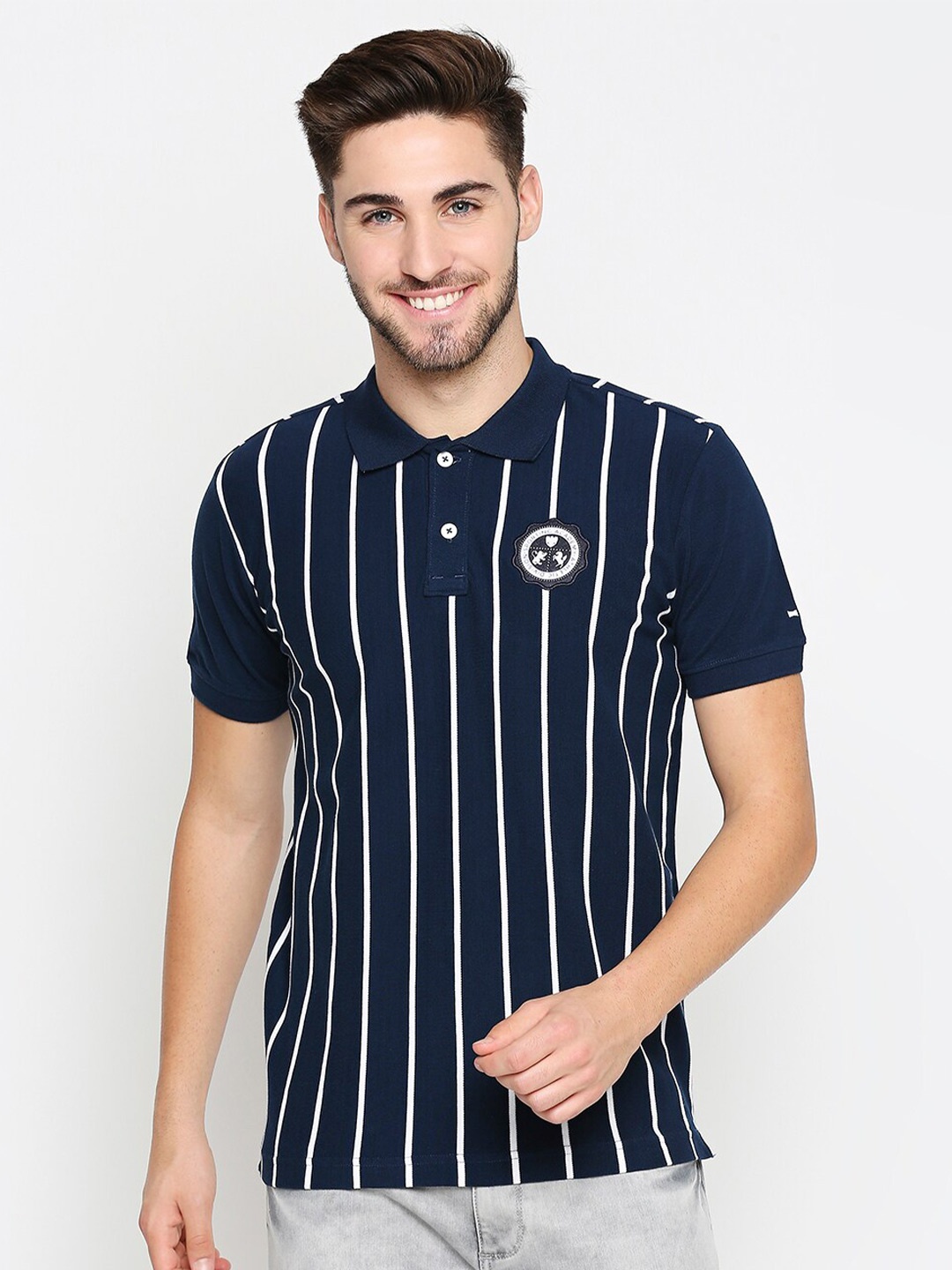 

Basics Men Navy Blue White Striped Pure Cotton Polo Collar Slim Fit Pure Cotton T-shirt