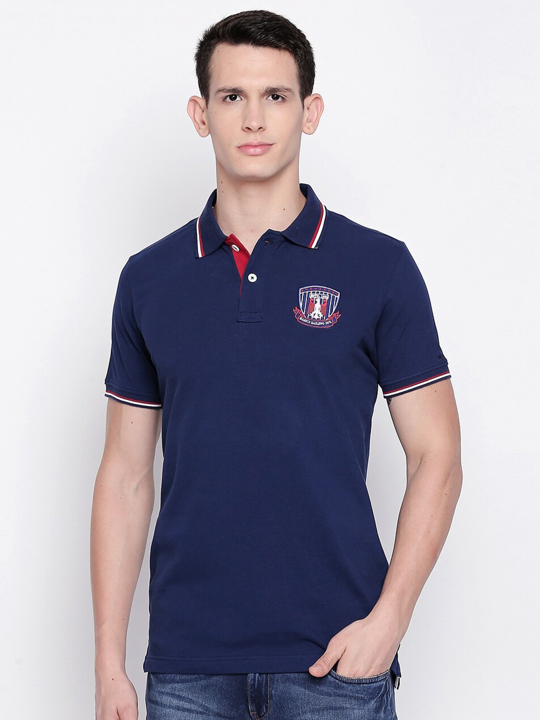 

Basics Men Navy Blue Polo Collar Muscle Fit T-shirt
