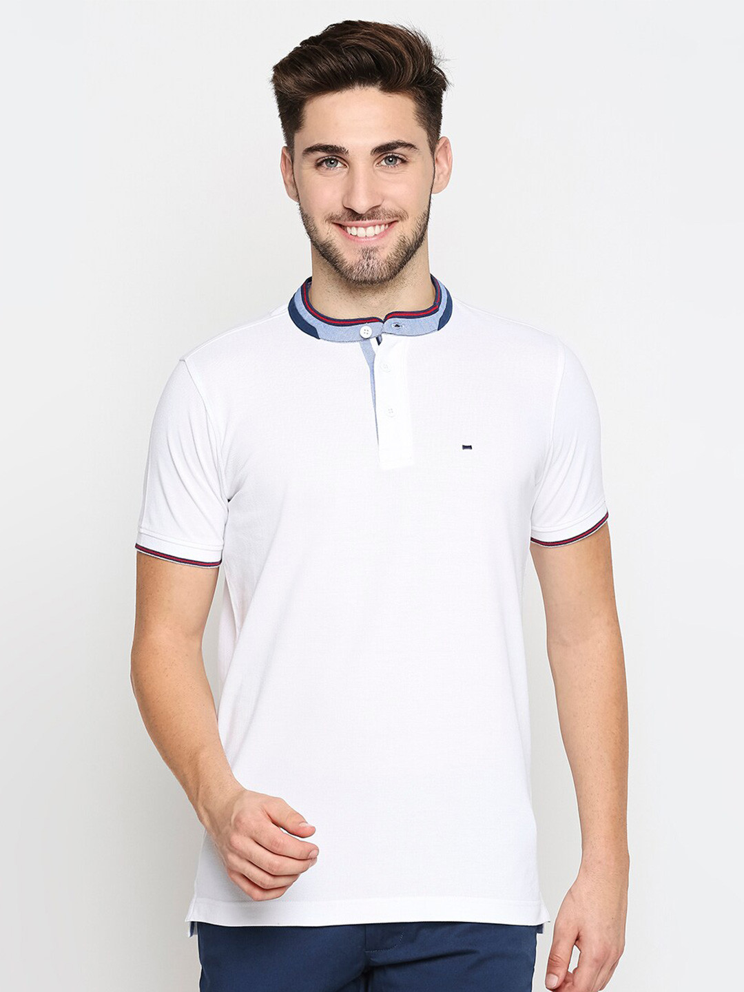 

Basics Men White Mandarin Collar Pure Cotton Slim Fit Pure Cotton T-shirt