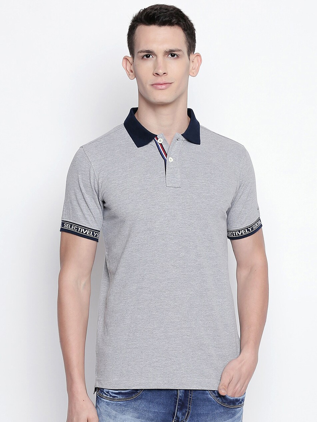 

Basics Men Grey Polo Collar Muscle Fit T-shirt