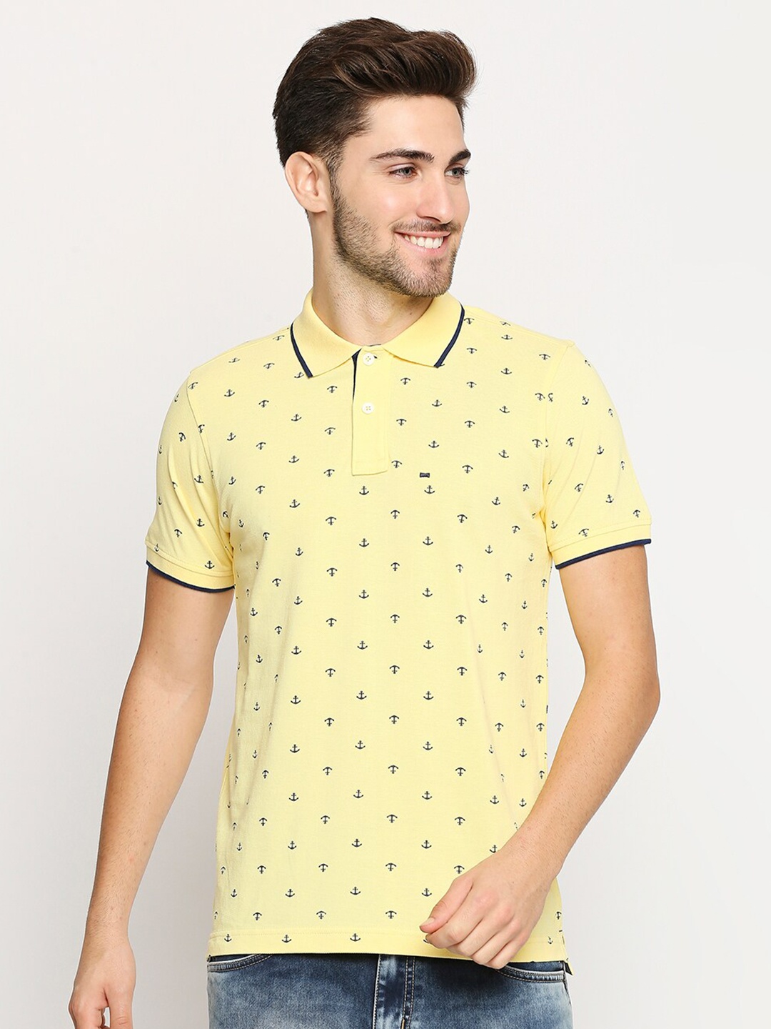 

Basics Men Yellow Printed Polo Collar Slim Fit Pure Cotton T-shirt