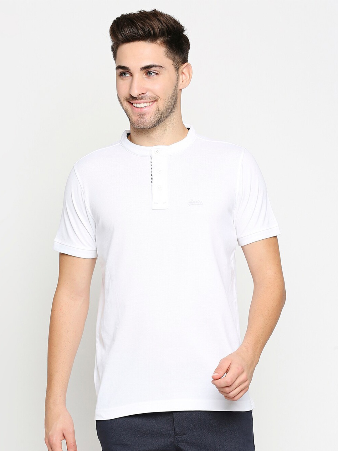 

Basics Men White Mandarin Collar Muscle Fit Pure Cotton T-shirt