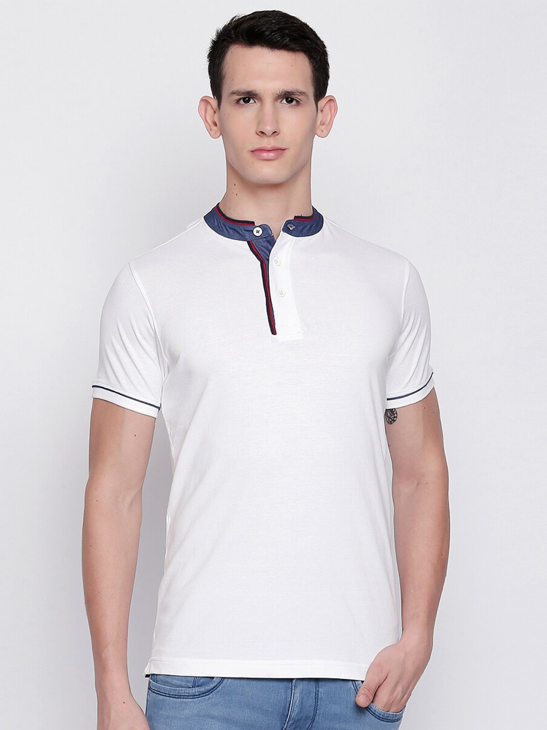 

Basics Men White Mandarin Collar Muscle Fit T-shirt