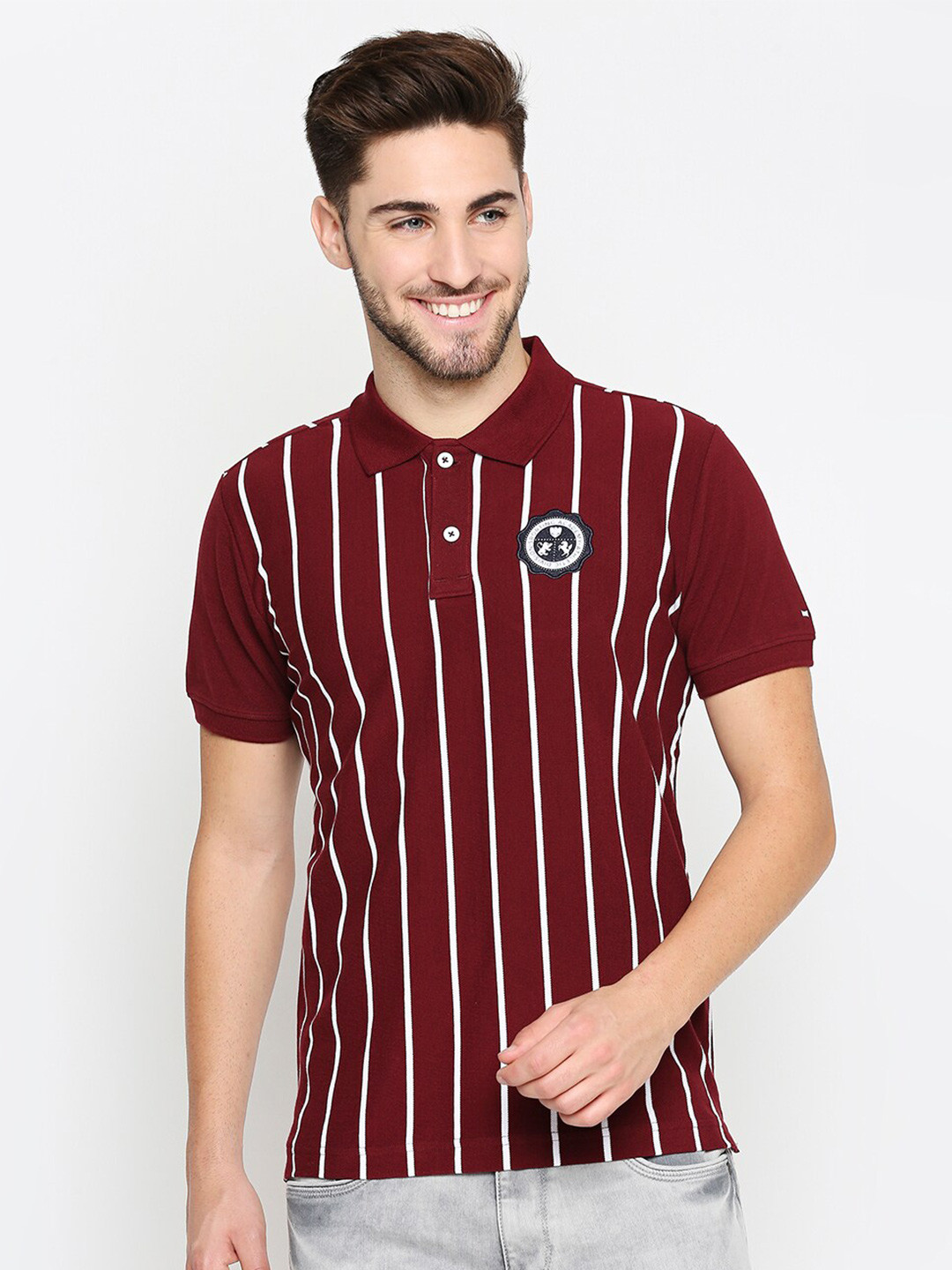 

Basics Men Maroon White Striped Polo Collar Slim Fit Pure Cotton T-shirt