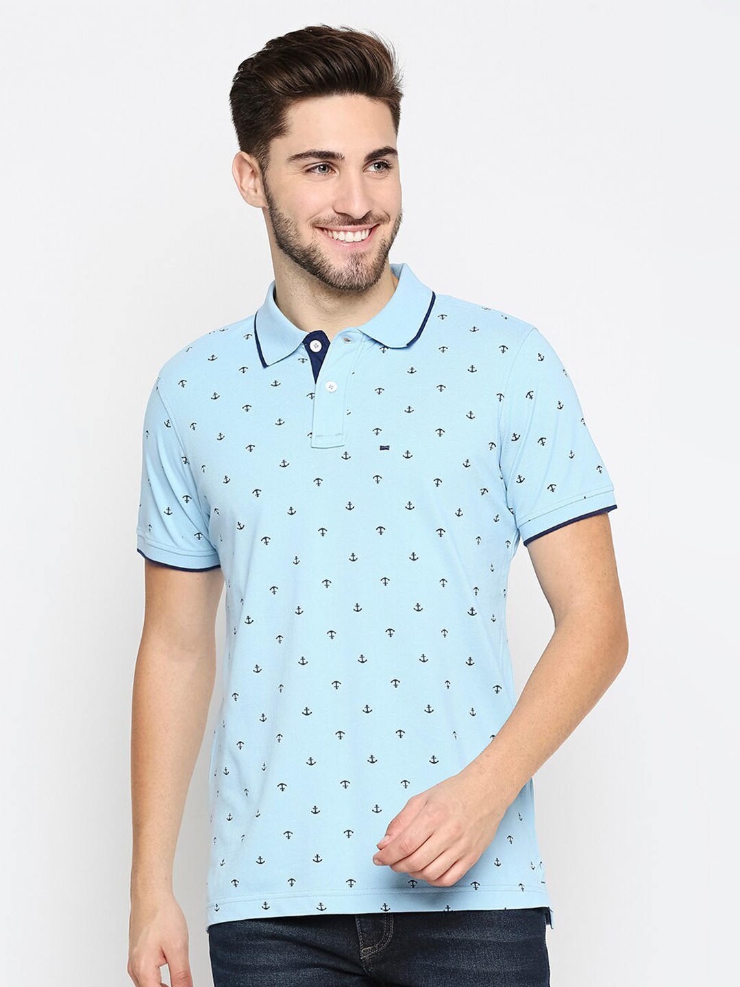 

Basics Men Blue Printed Polo Collar Muscle Fit Pure Cotton T-shirt