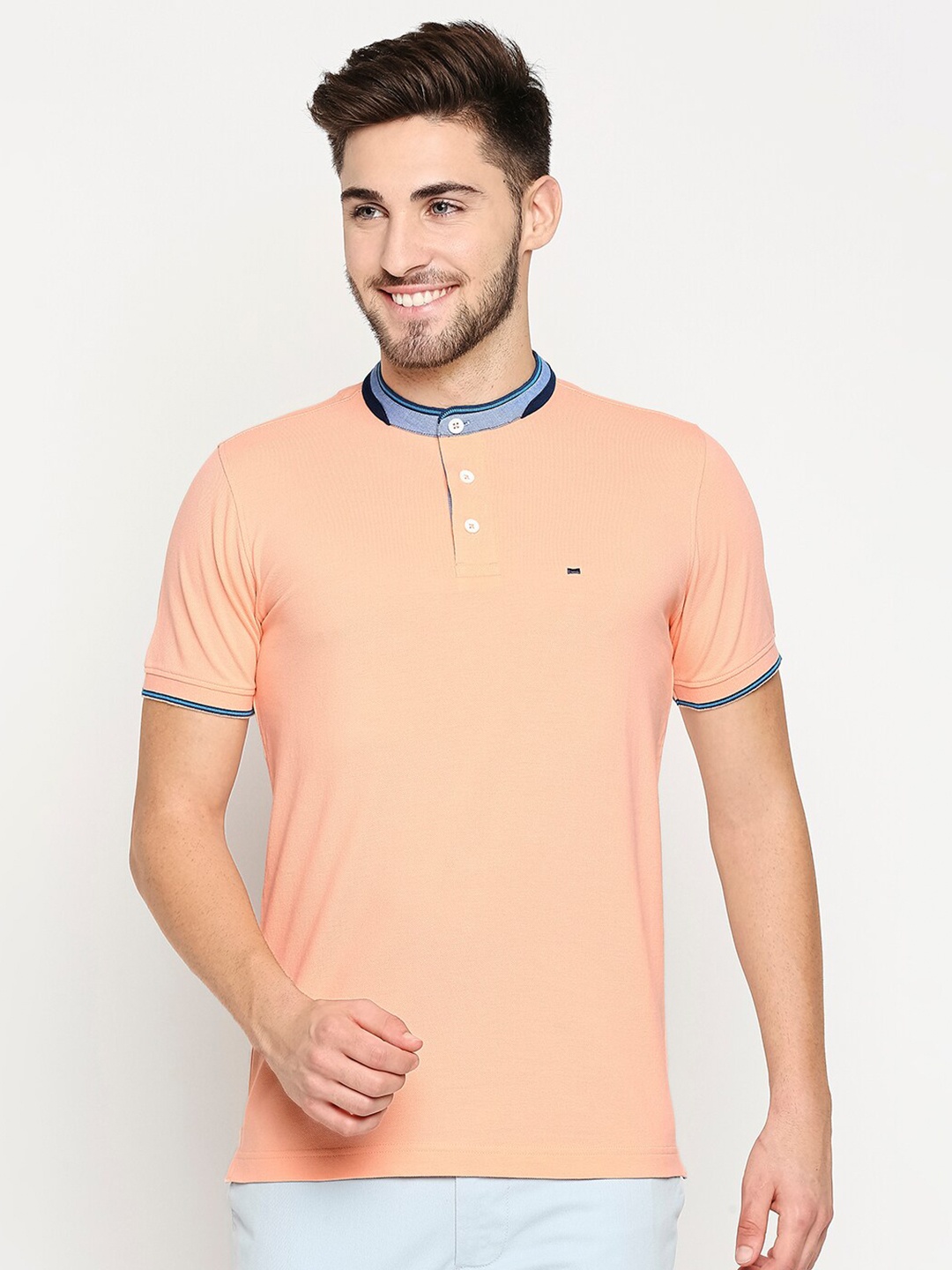 

Basics Men Pink Mandarin Collar Slim Fit Pure Cotton T-shirt