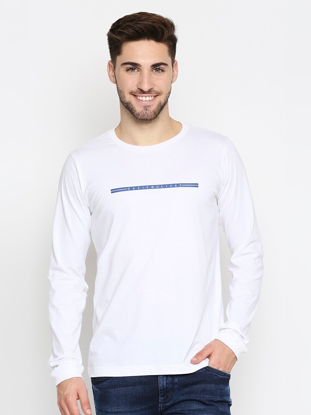 

Basics Men White Typography Printed Slim Fit Pure Cotton T-shirt
