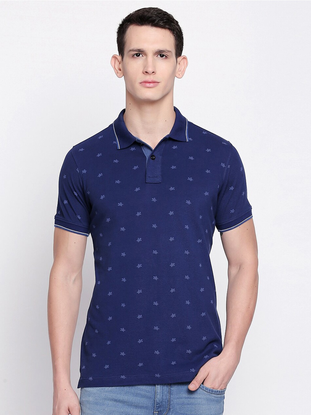 

Basics Men Navy Blue Printed Polo Collar Muscle Fit T-shirt