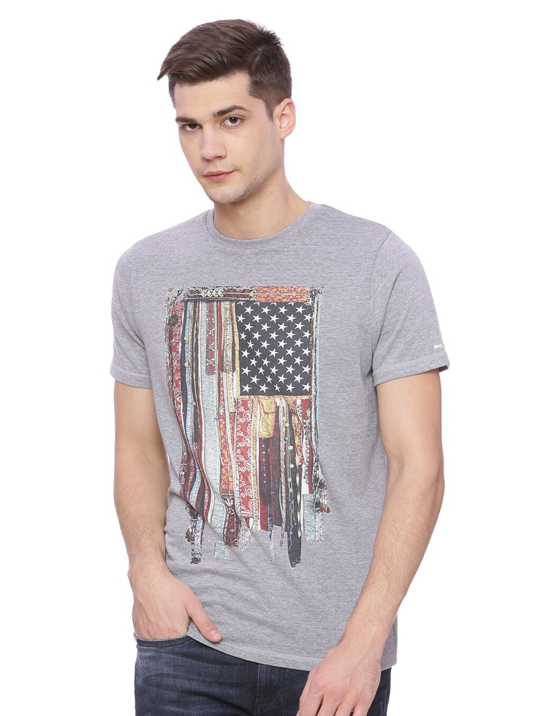 

Basics Men Grey Printed Muscle Fit T-shirt