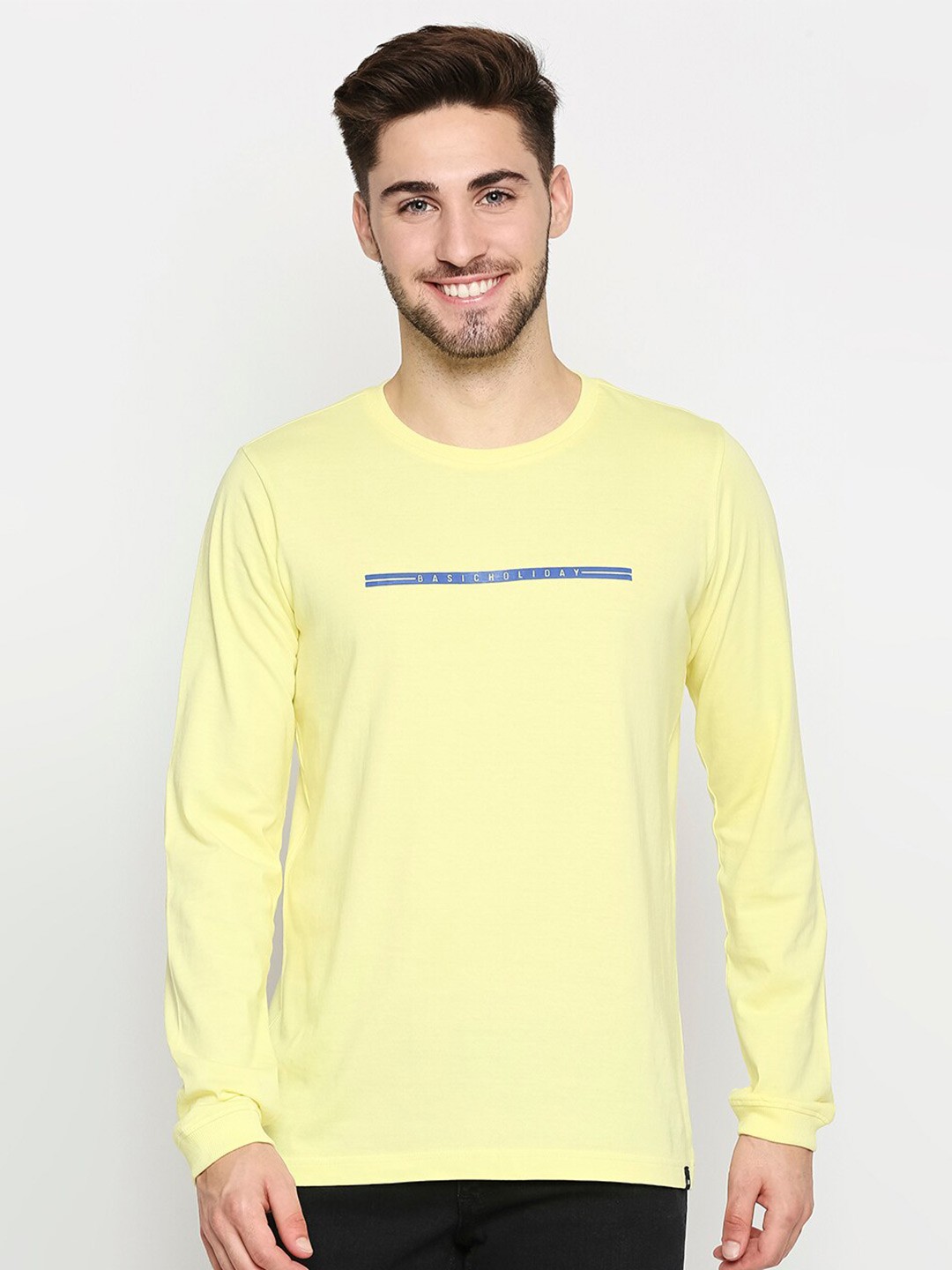 

Basics Men Yellow Typography Printed Slim Fit Pure Cotton T-shirt