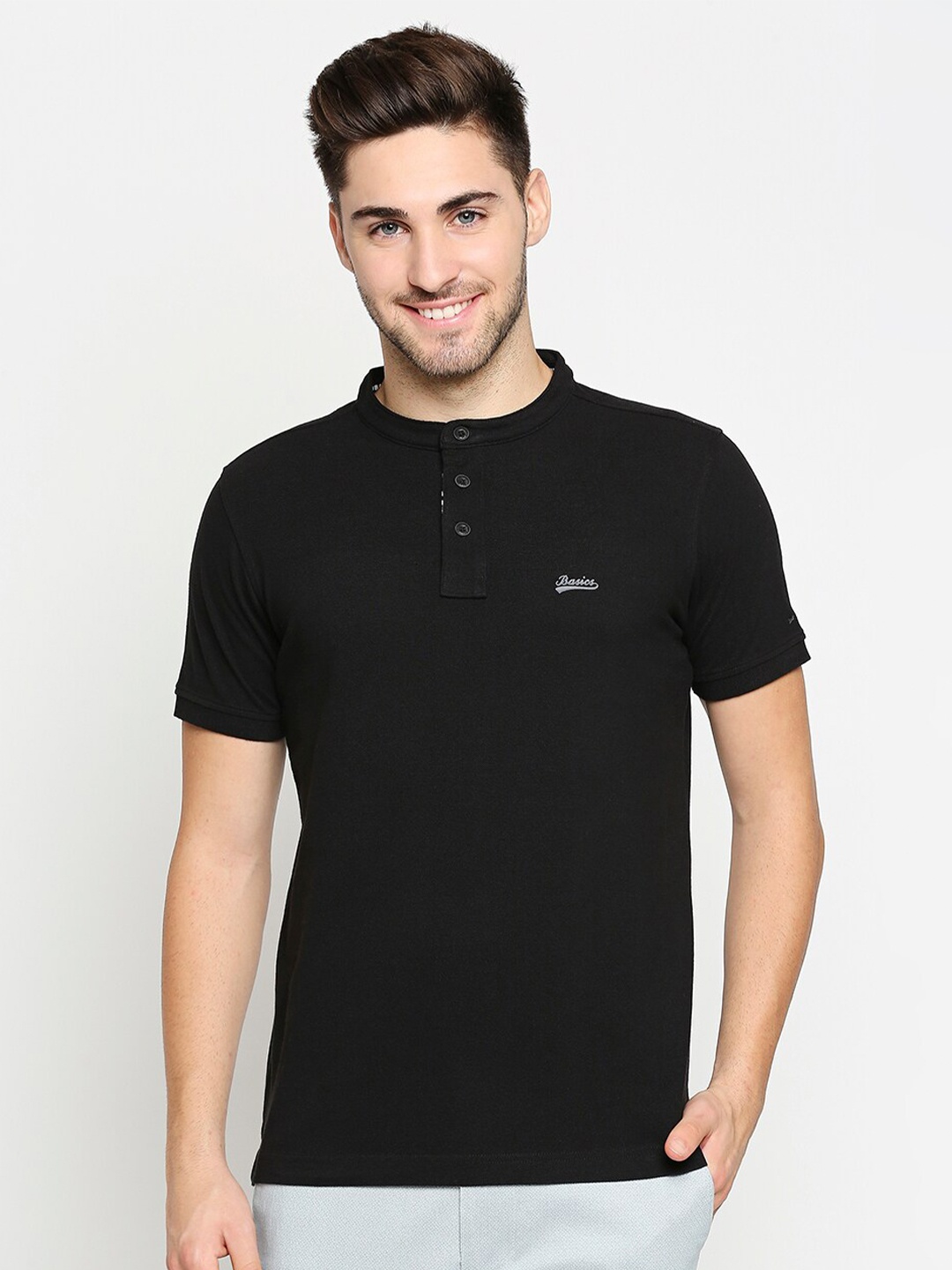 

Basics Men Black Henley Neck Slim Fit Pure Cotton T-shirt