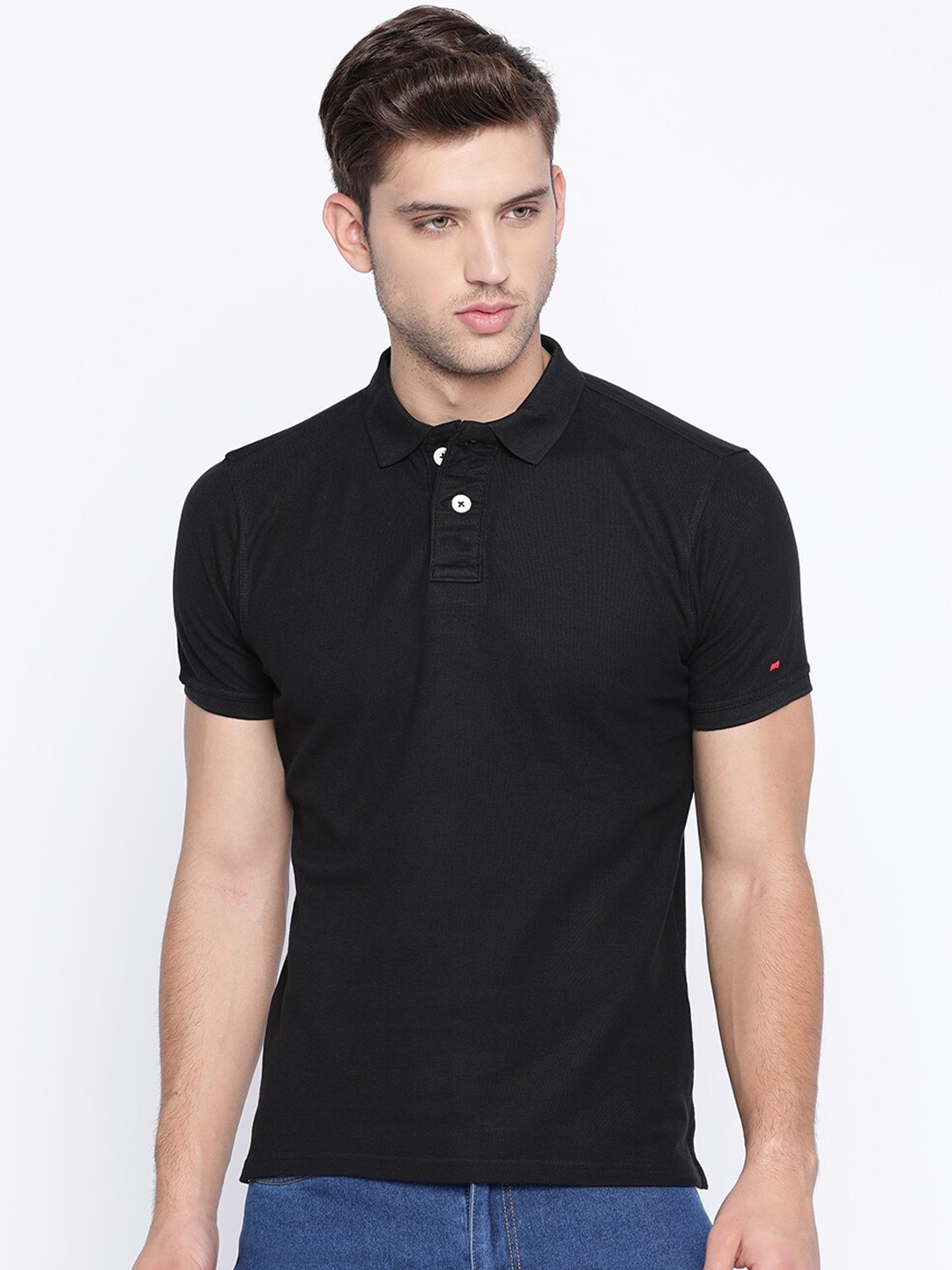 

Basics Men Black Polo Collar Slim Fit T-shirt