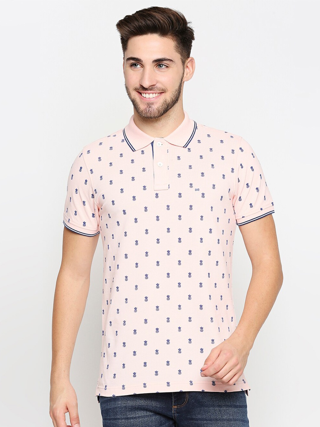 

Basics Men Pink Navy Blue Printed Polo Collar Slim Fit Pure Cotton T-shirt