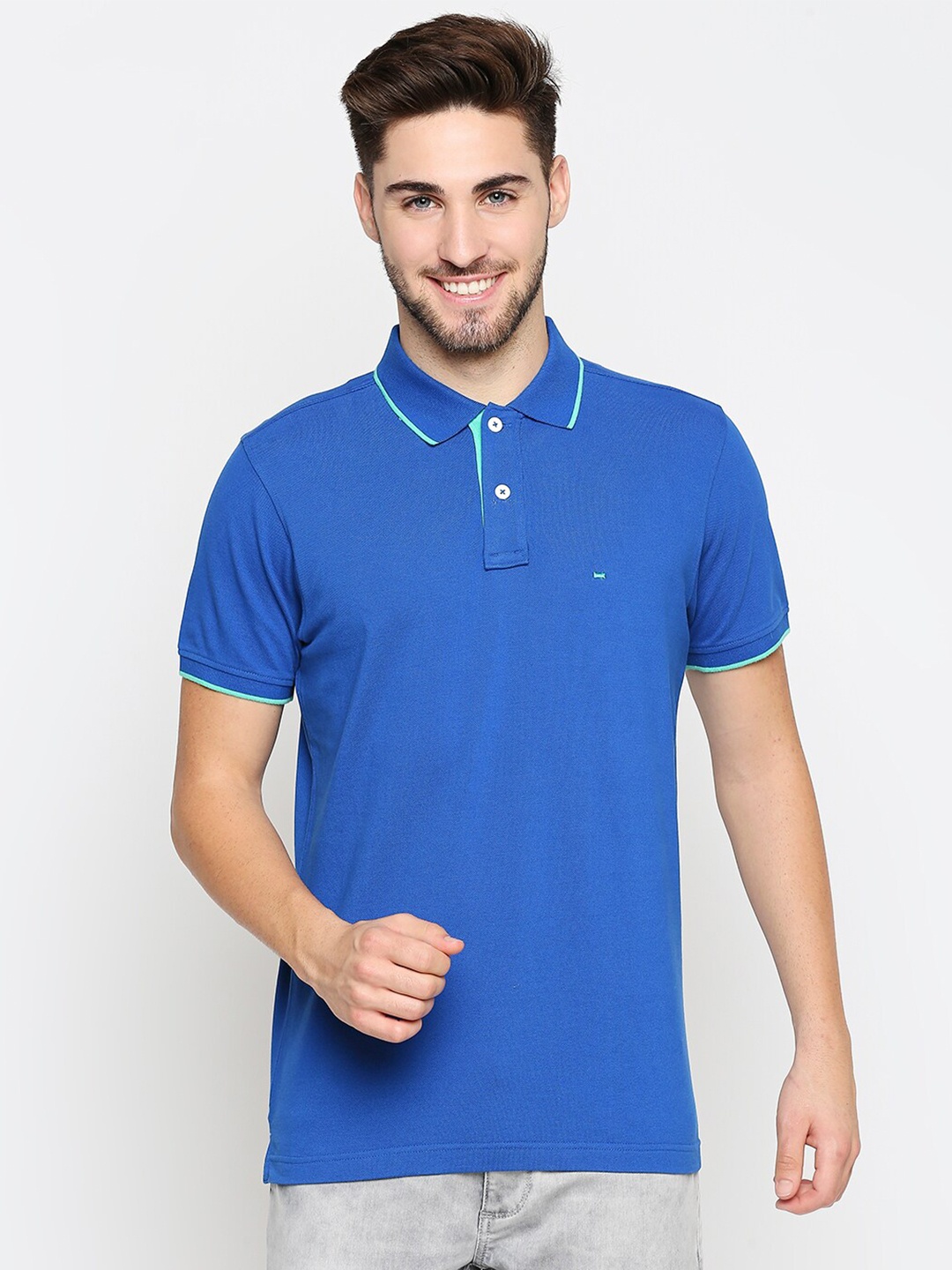 

Basics Men Blue Polo Collar Slim Fit Pure Cotton T-shirt