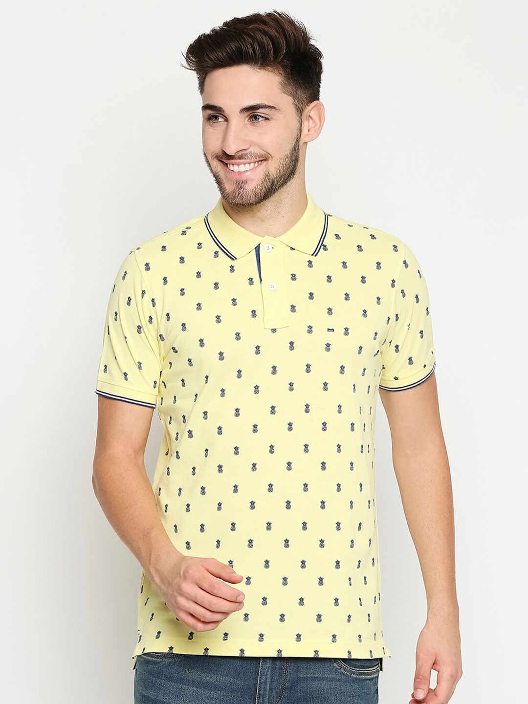 

Basics Men Yellow Printed Polo Collar Muscle Fit Pure Cotton T-shirt