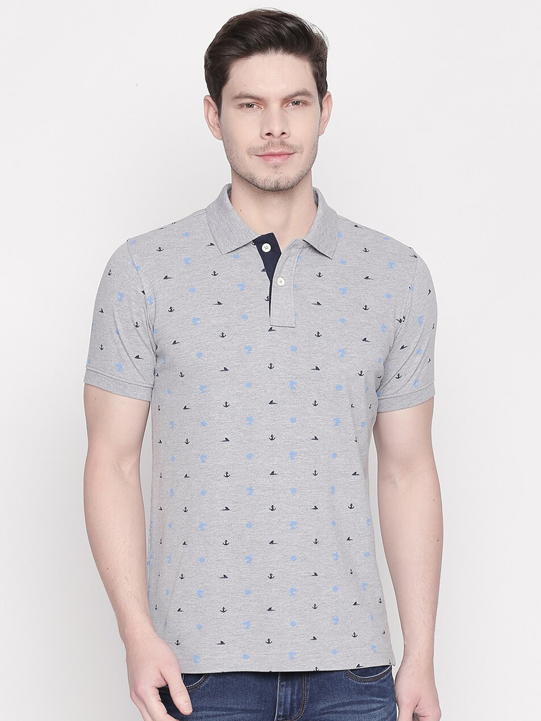 

Basics Men Grey Printed Polo Collar Slim Fit T-shirt