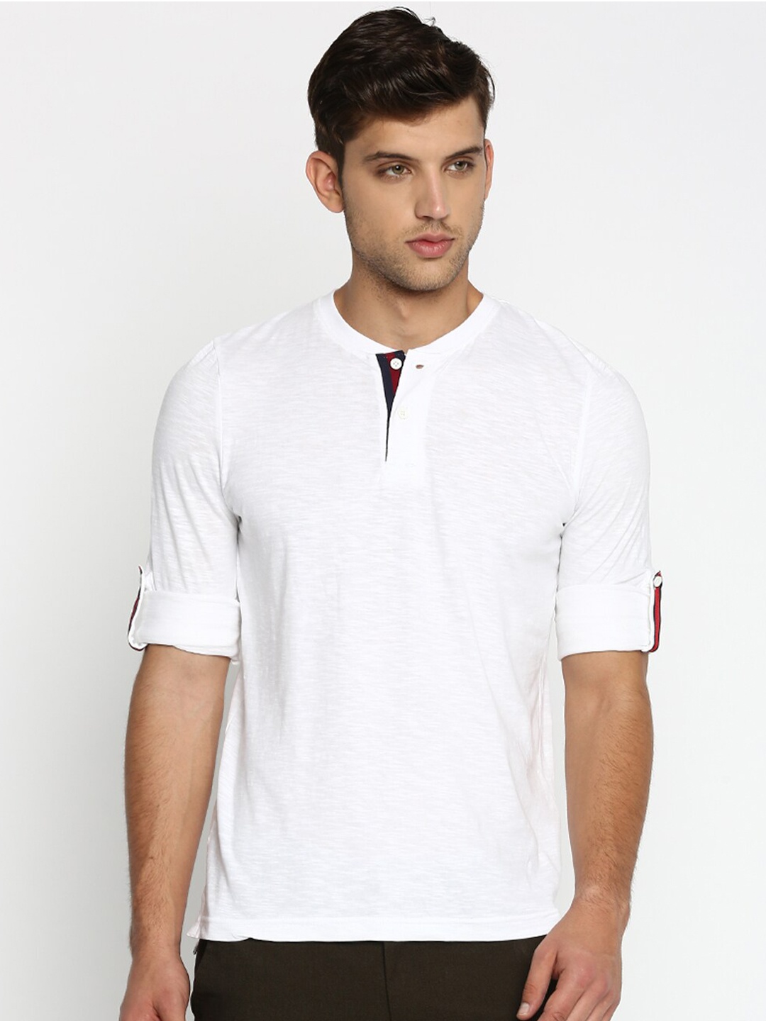 

Basics Men White Henley Neck Roll-Up Sleeves Slim Fit T-shirt