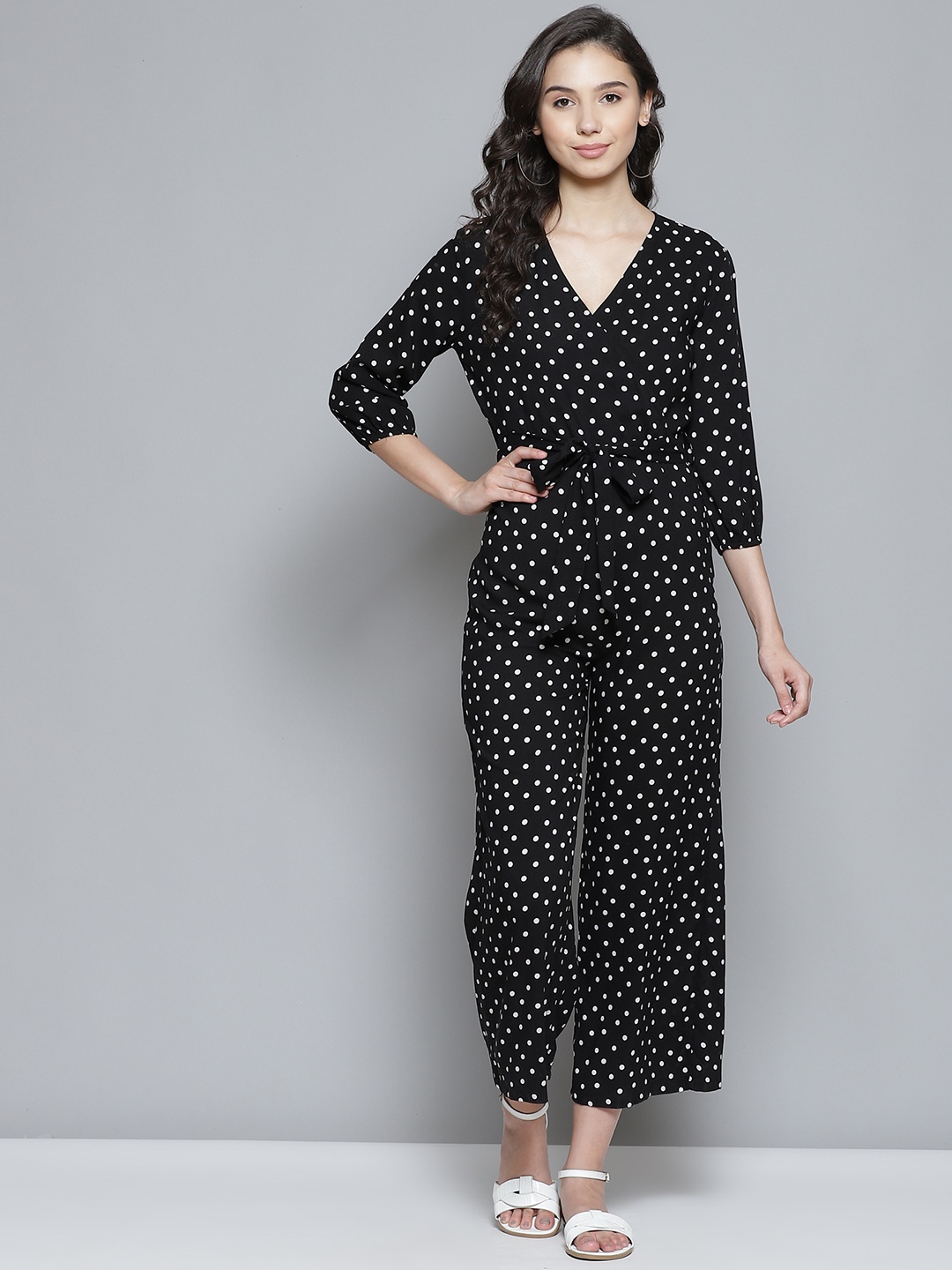 

Femella Black & White Polka Dots Print Wrap Jumpsuit