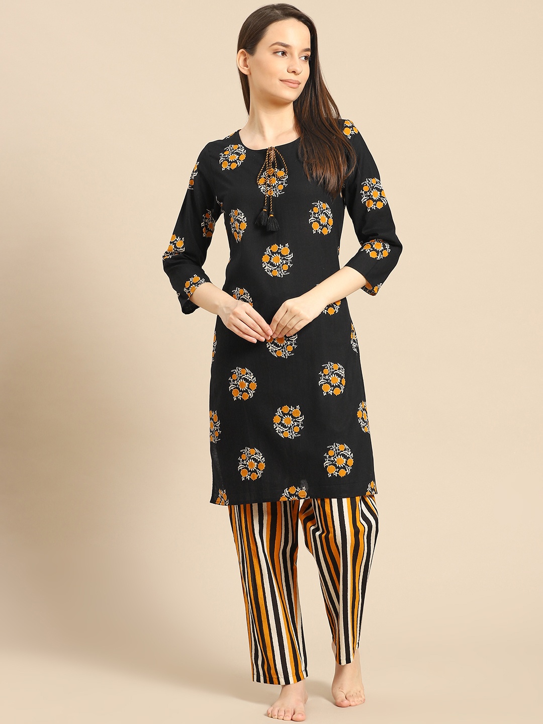 

Prakrti Women Black & Mustard Yellow Printed Pure Cotton Night suit