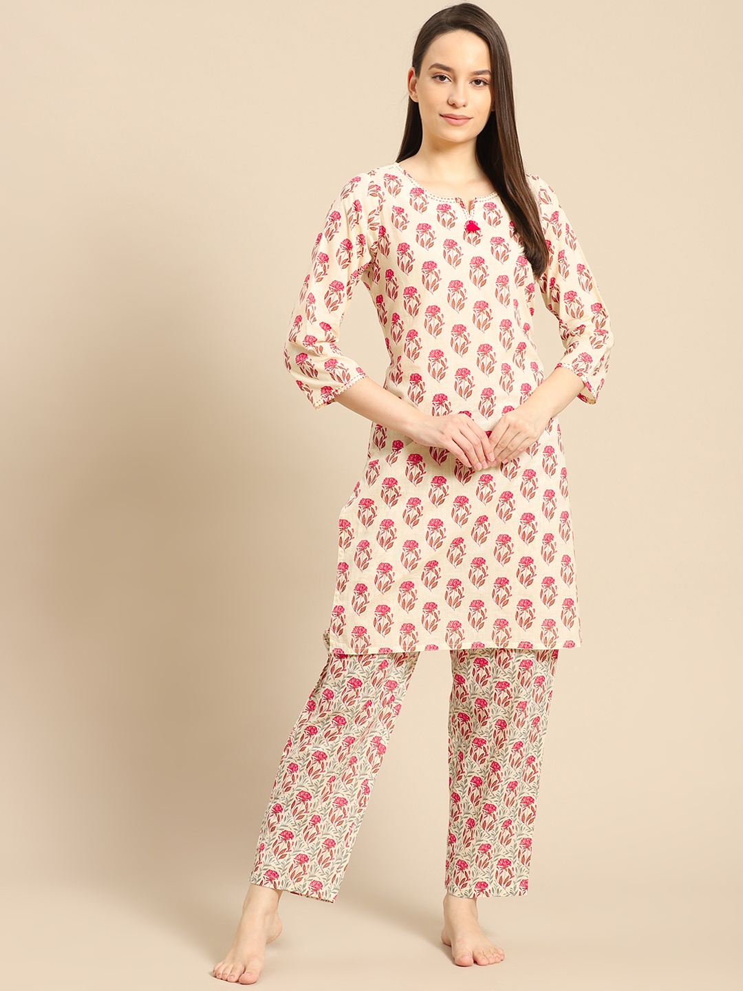 

Prakrti Women Cream-Coloured & Coral Red Floral Printed Pure Cotton Night suit