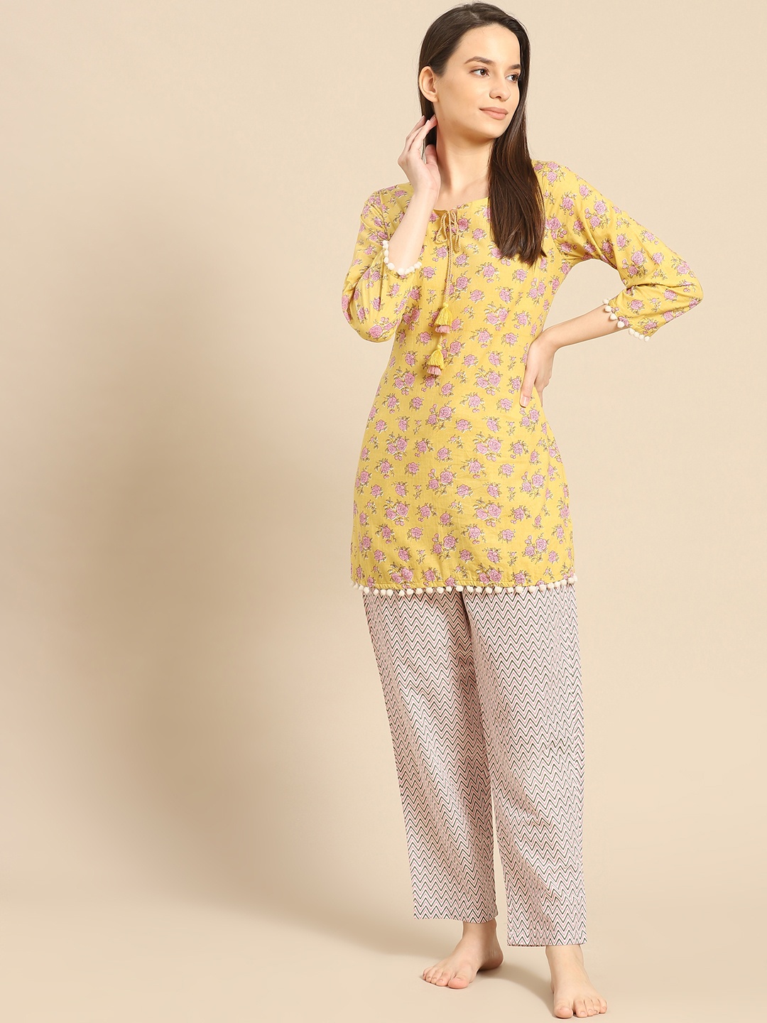 

Prakrti Women Yellow & Pink Handblock Rose Printed Pure Cotton Night suit