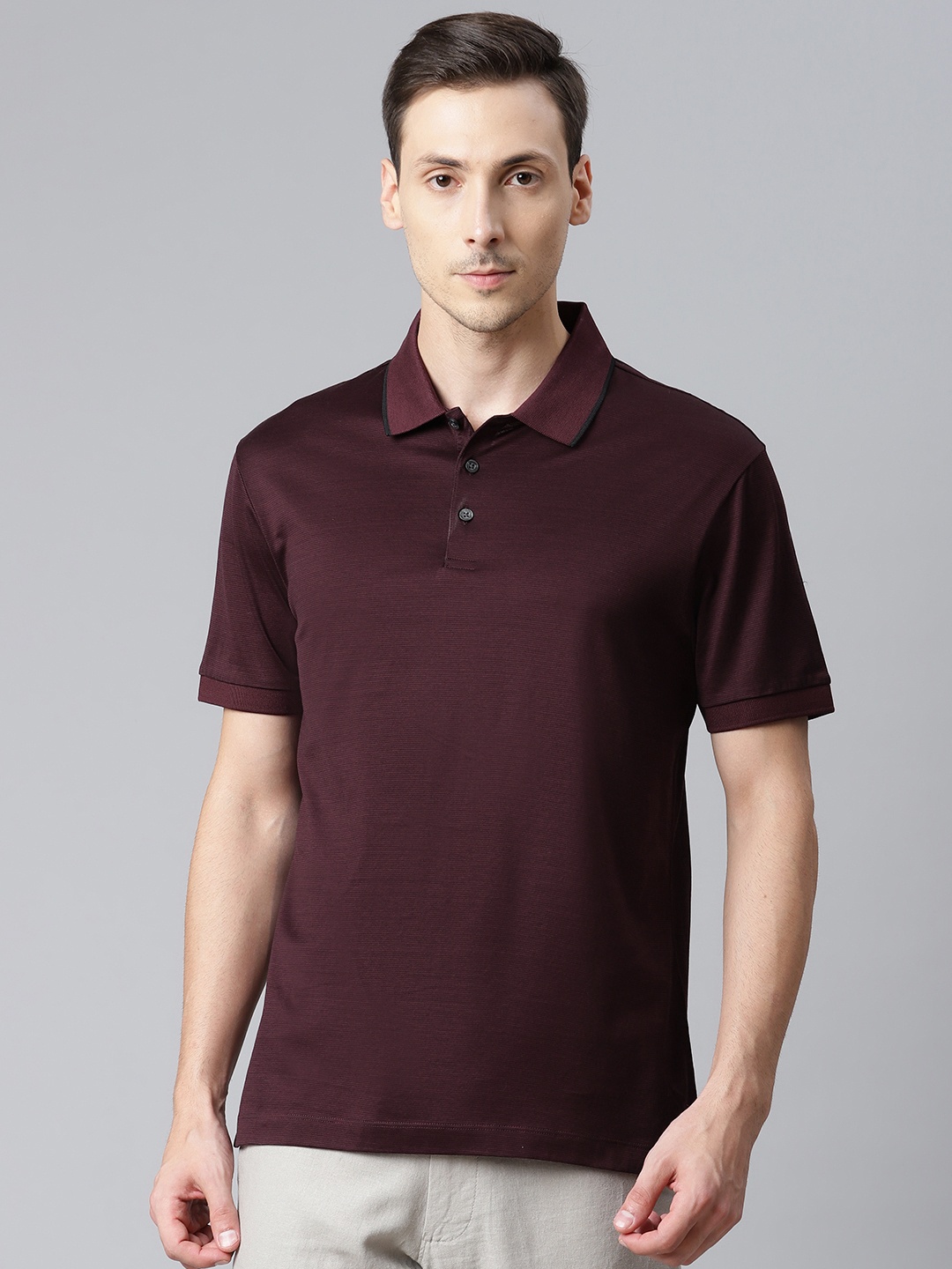 

Marks Spencer Men Burgundy Striped Pure Cotton Polo Collar Pure Cotton T-shirt