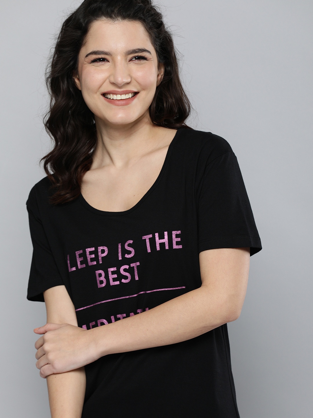 

HERE&NOW Black Printed Pure Cotton Nightdress