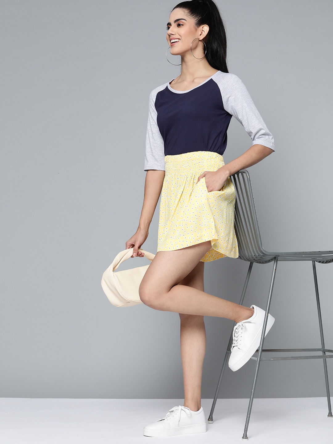 

HERE&NOW Women Navy Blue & Grey Melange Pure Cotton Solid T-shirt