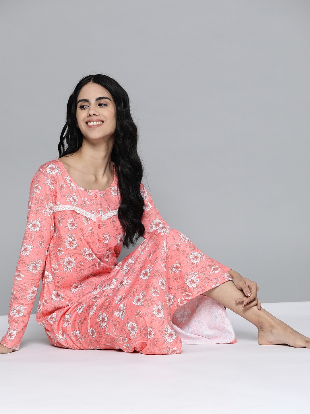 

HERE&NOW Peach-Coloured Floral Printed Pure Cotton Nightdress