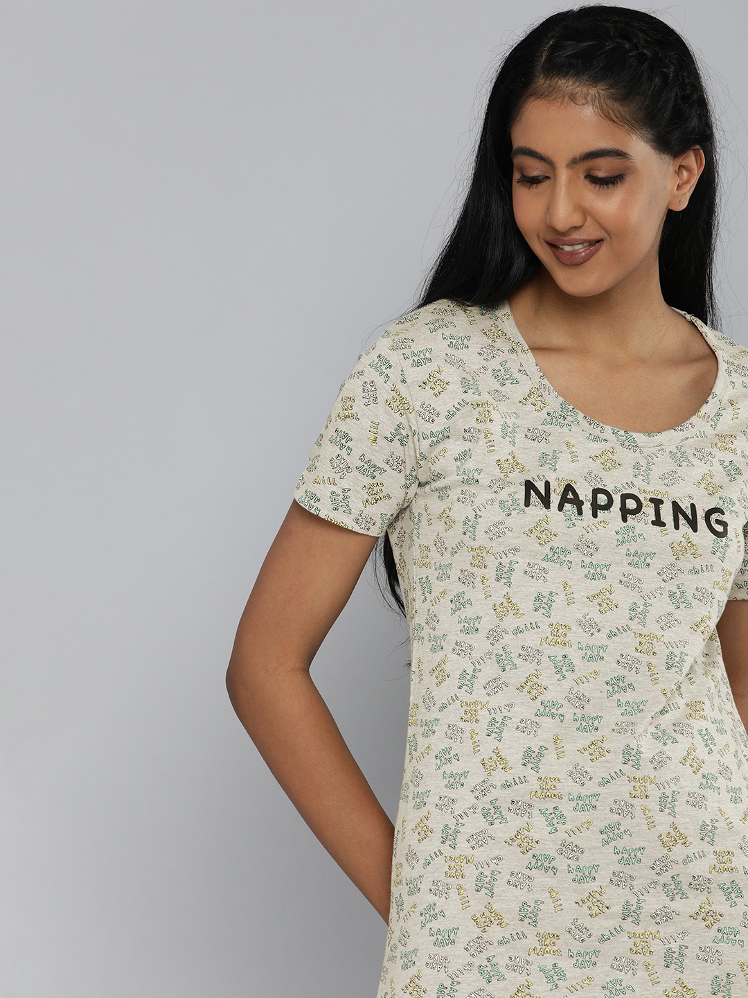 

HERE&NOW Women Grey Melange Printed Pure Cotton Nightdress
