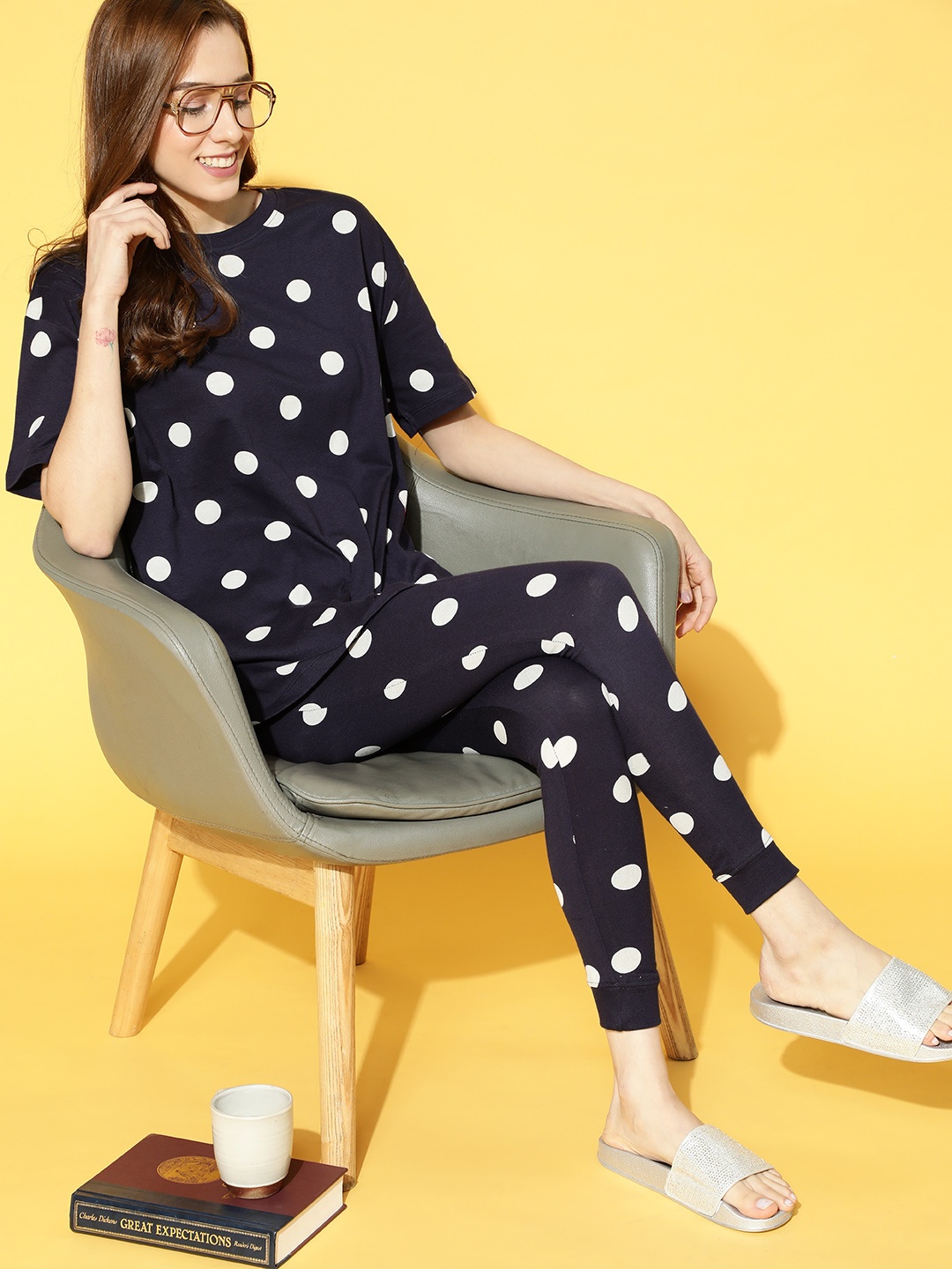 

HERE&NOW Women Deep Navy Blue Polka Dotted Night Suit