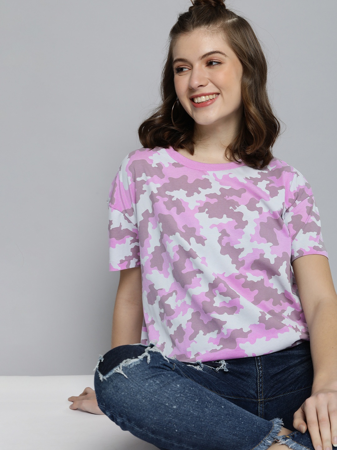 

HERENOW Women Violet Floral Printed Pure Cotton T-shirt