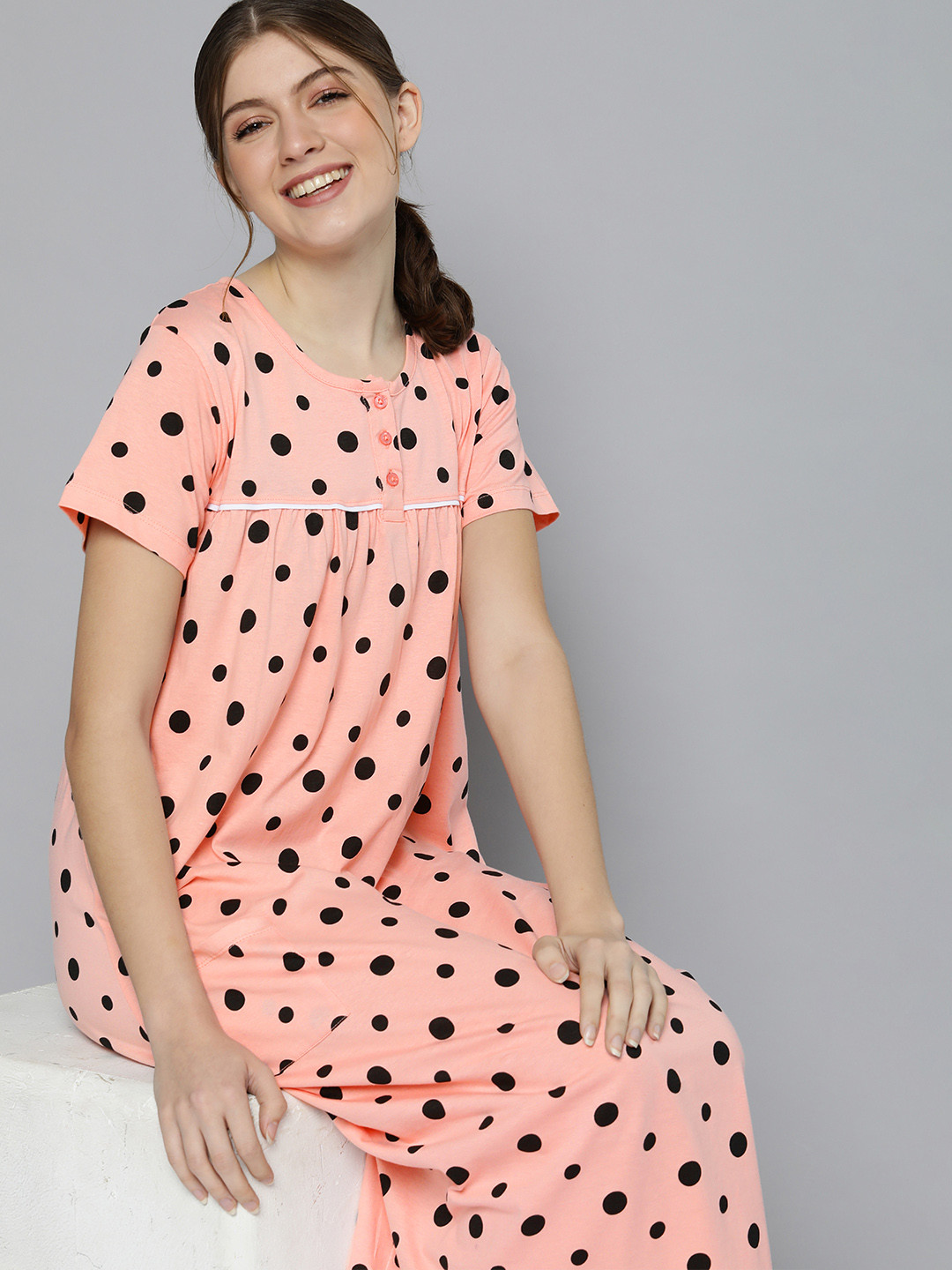 

HERE&NOW Women Peach & Black Printed Nightdress