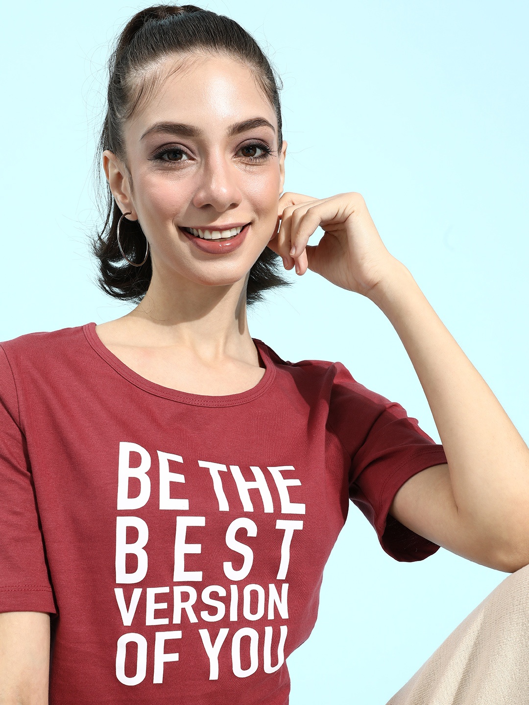 

HERENOW Women Maroon Typography Printed Round Neck Pure Cotton T-shirt