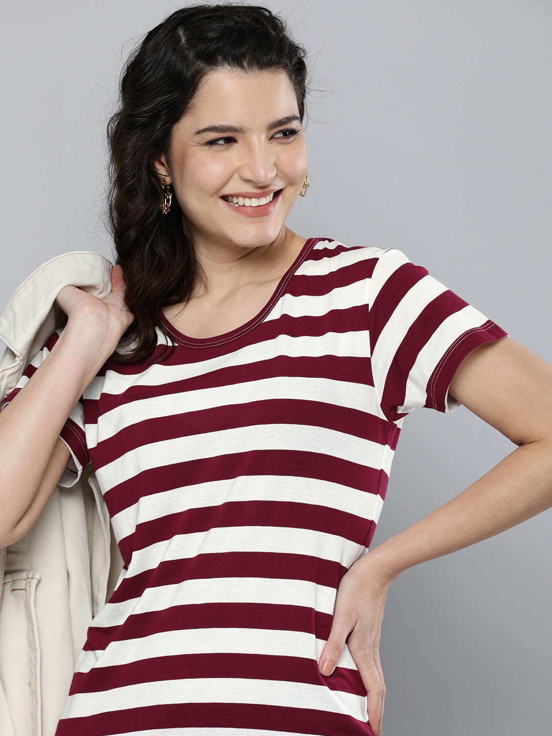

HERENOW Women Maroon Cream-Coloured Striped Pure Cotton T-shirt