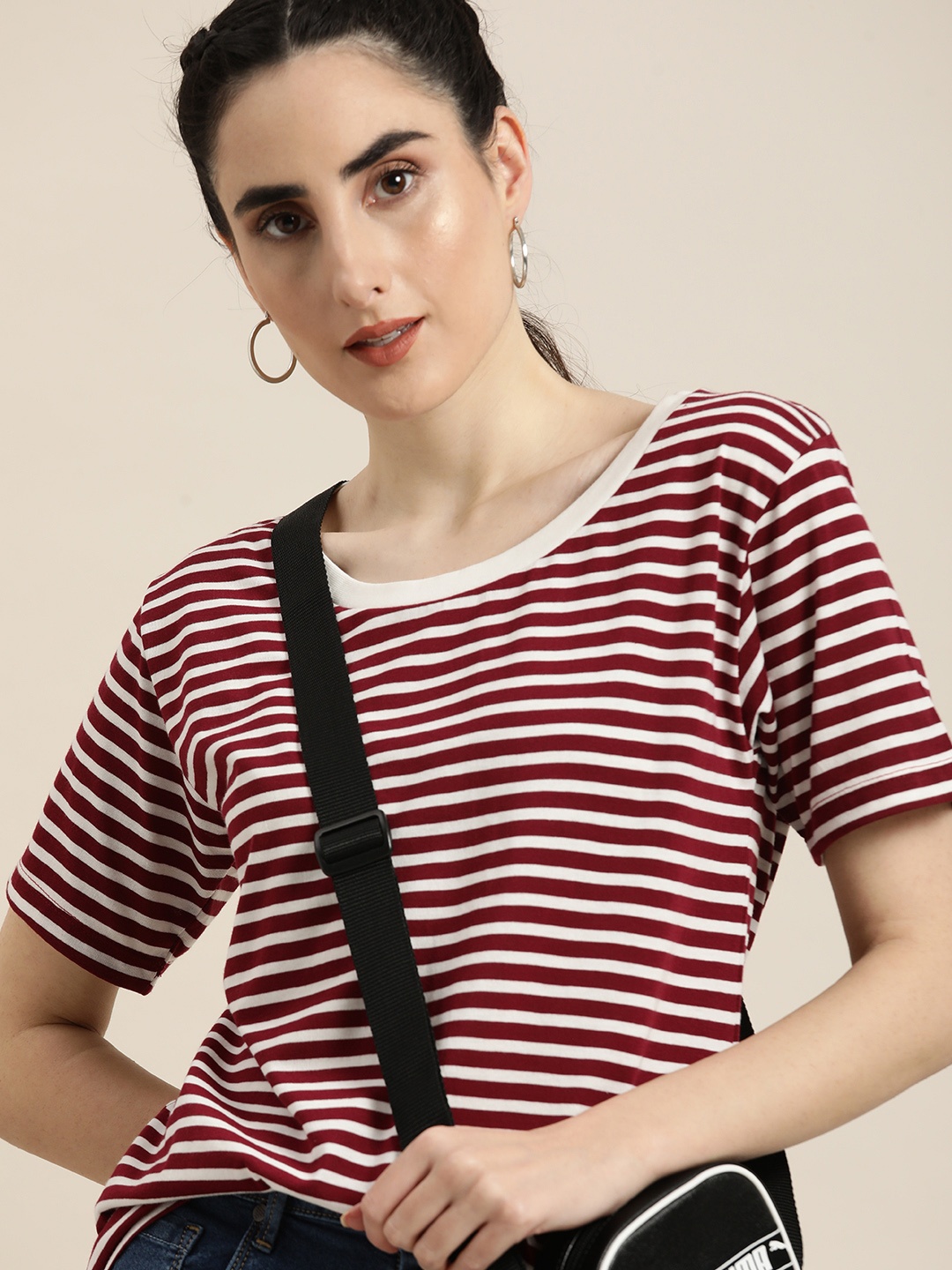 

Moda Rapido Women Maroon Cream Striped Extended Sleeves Pure Cotton T-shirt